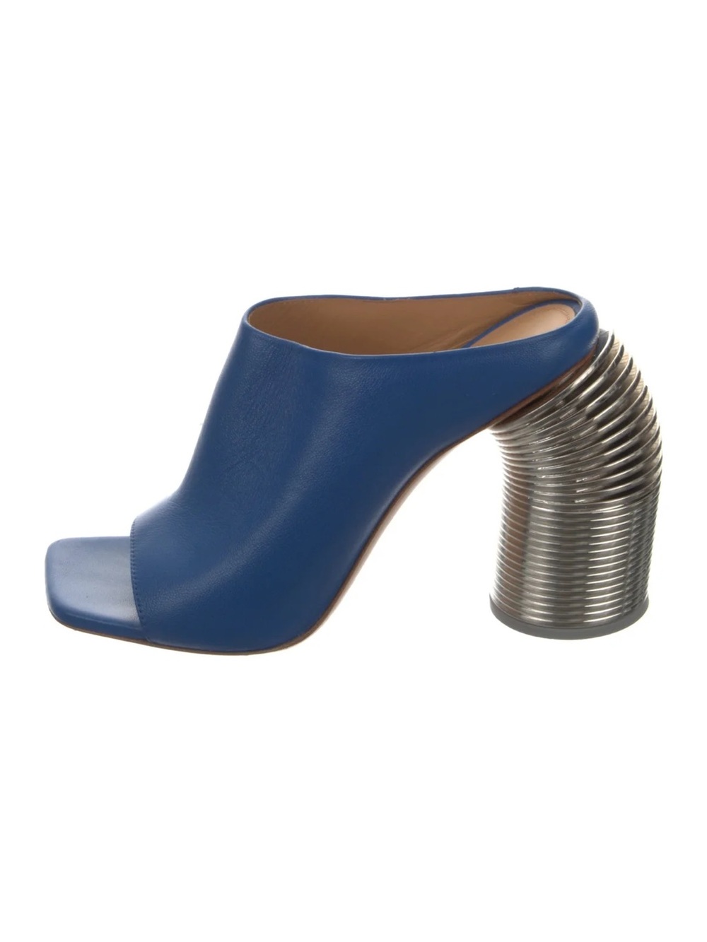 Off-White Blue Leather Open-Toe Mule with Sculpted Metallic Heel